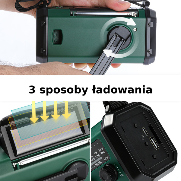 Radio Awaryjne Przenośne Solarne z Latarką, Lampką LED, SOS i Powerbankiem JB Tacticals (JB-09)