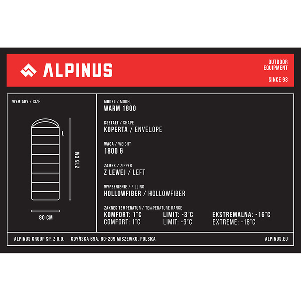 Śpiwór Typu Kołdra Alpinus Warm 1800 Czarny