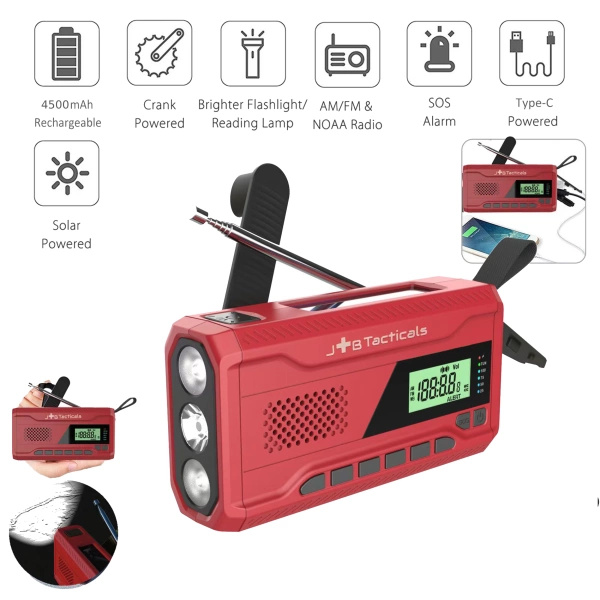 Radio Awaryjne Solarne z Powerbankiem 4500 mAh i Latarką LED Powerbankiem JB Tacticals Czerwone (JB-05)