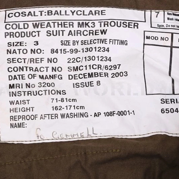 Spodnie Wojskowe Brytyjskie Cold Weather AIRCREW MK3 Olive Oryginał Demobil DB