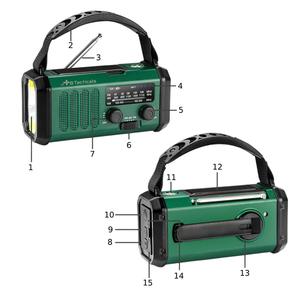 Radio Awaryjne Przenośne Solarne z Latarką, Lampką LED, SOS i Powerbankiem JB Tacticals (JB-09)
