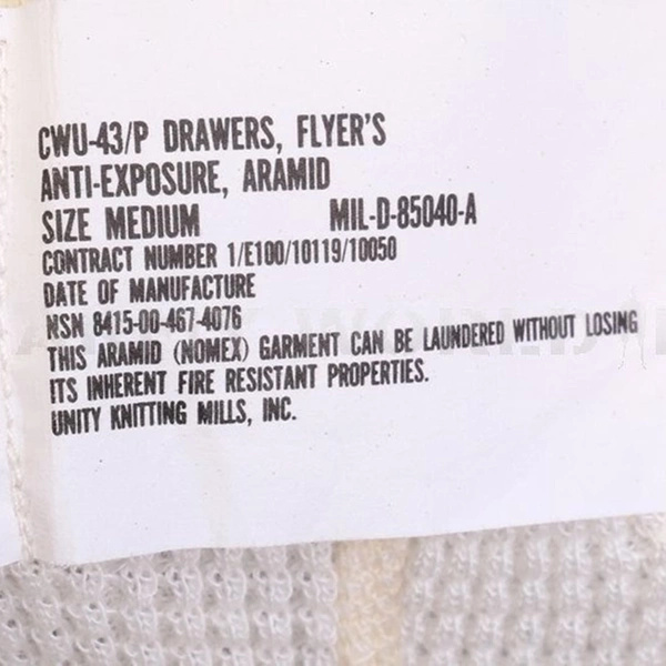 American Aramid Flame-Retendant Drawers Underwear Flyer's CWU-43/P White Original Used II Quality