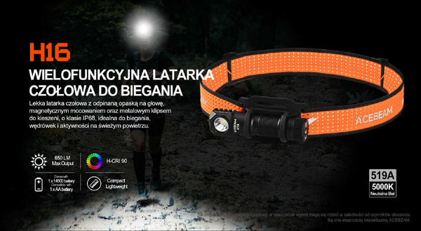 Latarka Czołowa H16 650 lm CRI≥90 Acebeam 5000k Czarna