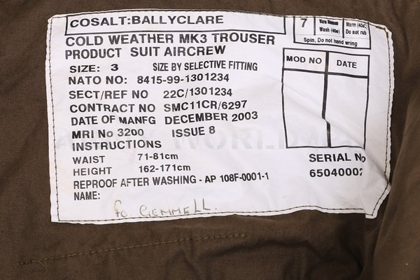 Us Army Mulitary Trousers Cold Weather AIRCREW MK3 Olive Original New