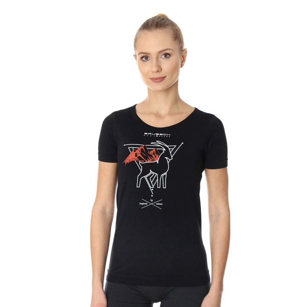 Koszulka Damska Z Krótkim Rękawem Termoaktywna Outdoor Wool Pro Czarna Kozica (SS1272W)