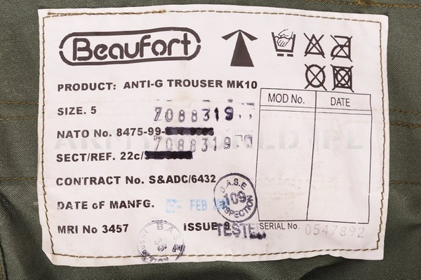 Spodnie Beaufort Anti-G MK10 + Akesoria Olive Oryginał Demobil