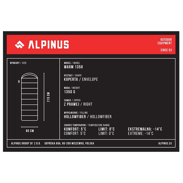 Śpiwór Typu Kołdra Alpinus Warm 1350 Czarny