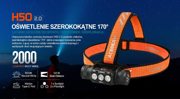 Latarka Czołowa H50 2.0 2000 lm Acebeam 5000k